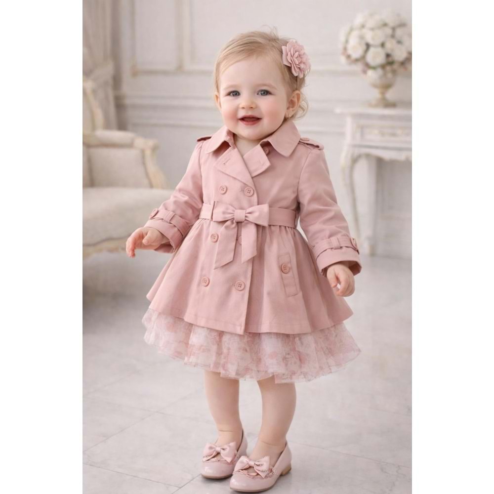 Bebiço Kız Trençkotlu Elbiseli Külotlu Çoraplı 3 lü Takım 6-24 Aylık -5415640 - PEMBE