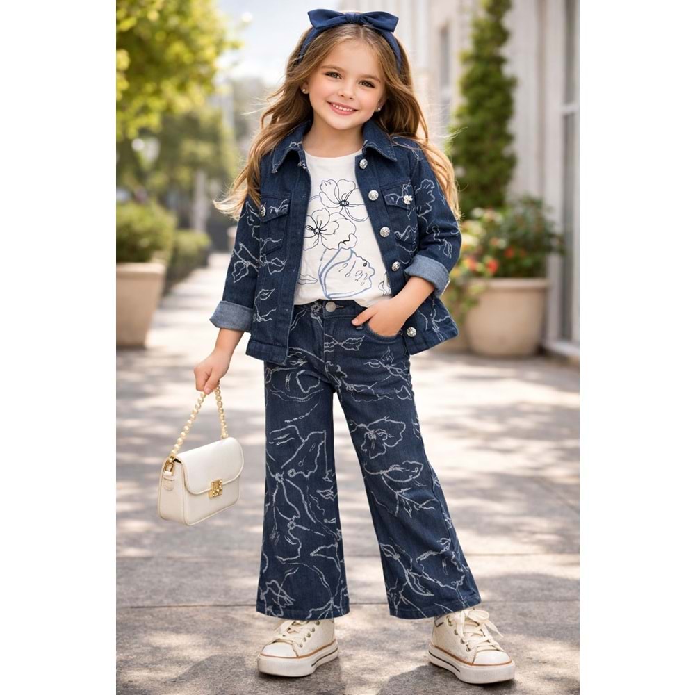 Miss Melinda Pantolonu Çiçekli Ceketli 3 Lü Takım 5-8 Yaş-318701 - MAVİ