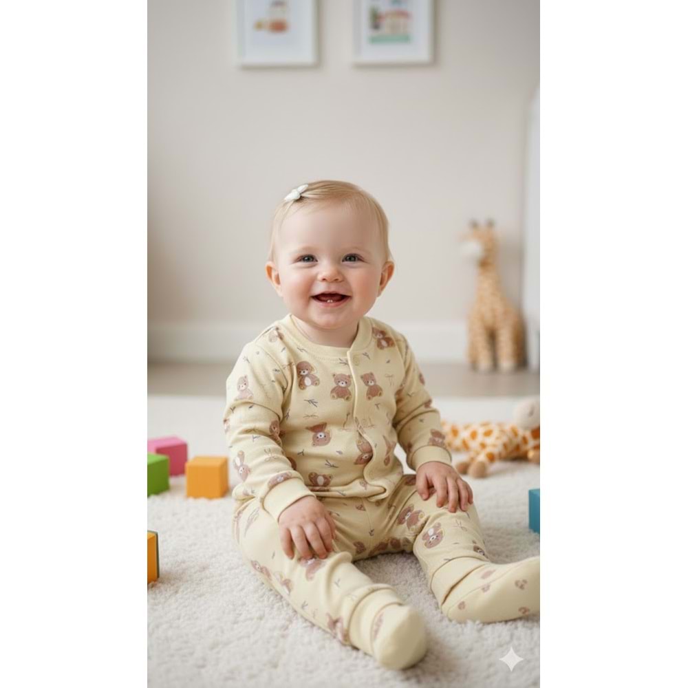 Miniworld Kız 6-24 Aylık Ayıcık Baskılı Çıtçıtlı Yaka Pijama Takımı-18728169 - SARI