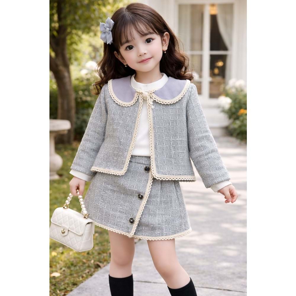 MixLife Yaka ve Ceketi Dantelli Şort Etekli 3 lü Takım 6-24 Aylık-6234370 - GRİ