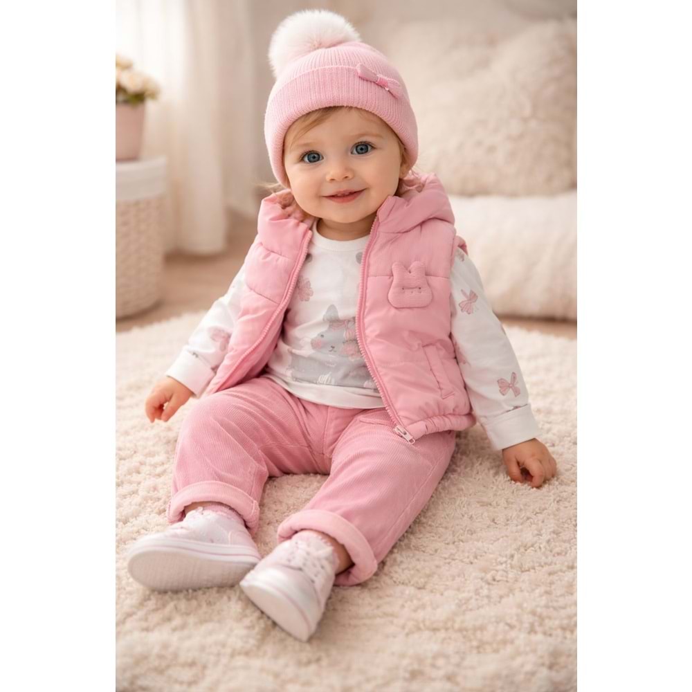 Wow Cepli Pantolon Şişirme Tavşanlı Kız Yelekli Takım 9-24 Aylık -451013360 - PEMBE