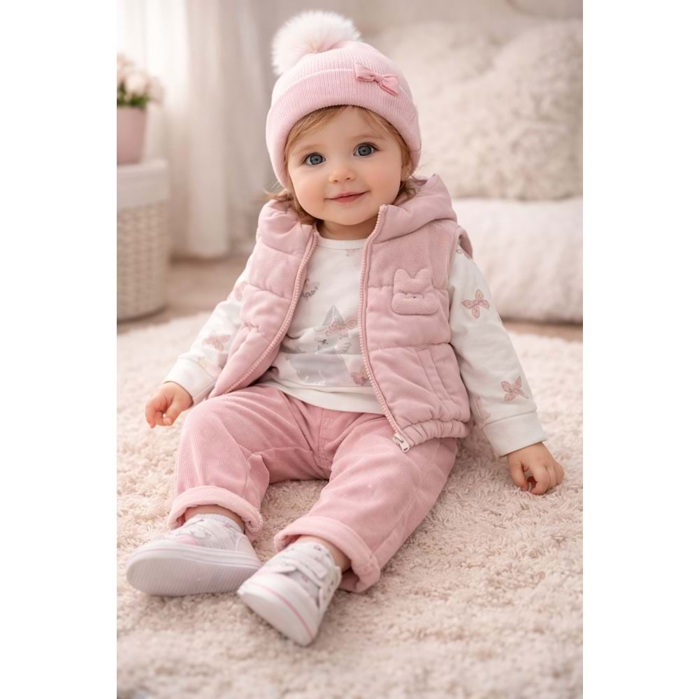 Wow Cepli Pantolon Şişirme Tavşanlı Kız Yelekli Takım 9-24 Aylık -451013360 - PUDRA