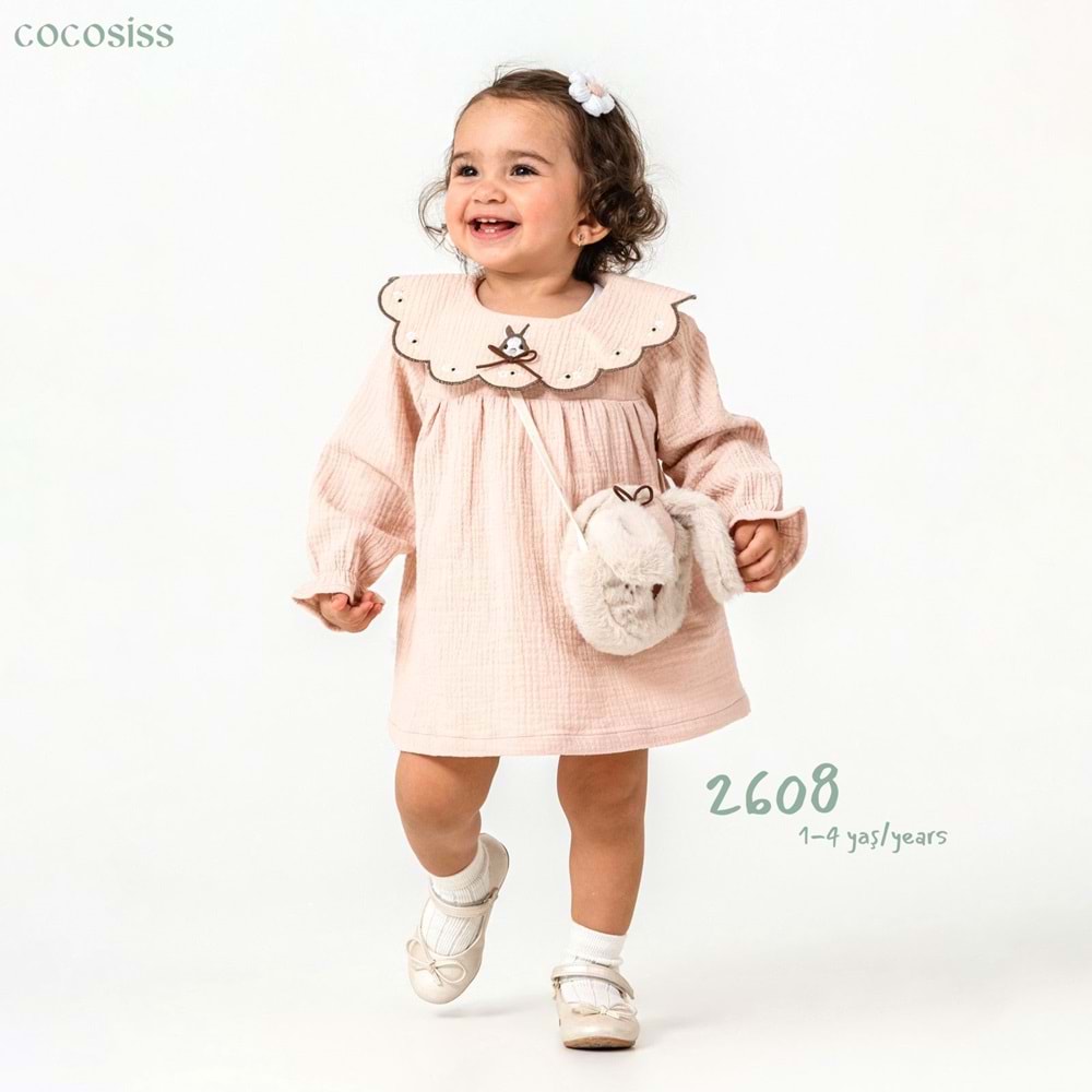 Cocosis Tavşan Nakışlı Çantalı Müslin Kız Elbise 1-4 Yaş -2608595 - PUDRA
