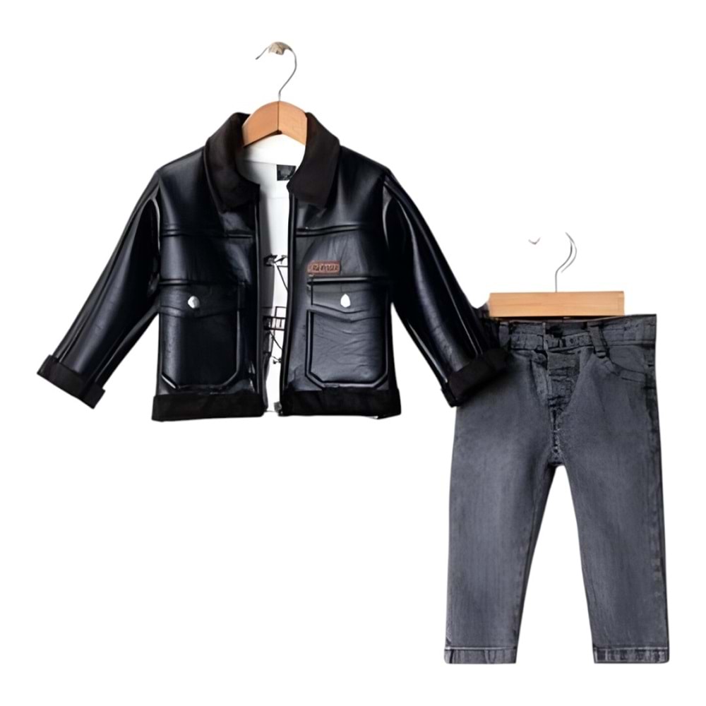 CanÖz Bebe Erkek Deri Ceketli 3 LÜ Takım 9-12 Yaş-36841200 - SİYAH