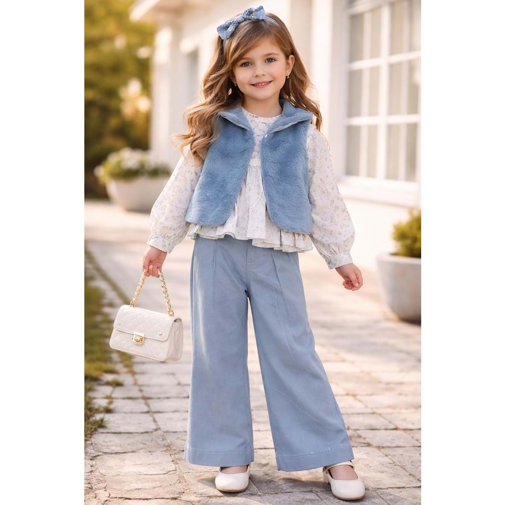 Bebiço Peluş Yelekli 3 Lü Kız Takım 2-5 Yaş -5545760 - MAVİ