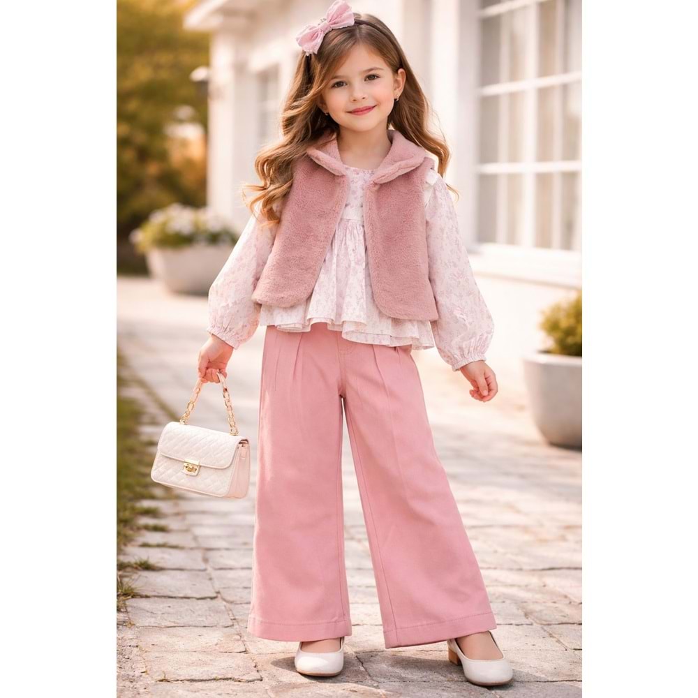 Bebiço Peluş Yelekli 3 Lü Kız Takım 2-5 Yaş -5545760 - PEMBE
