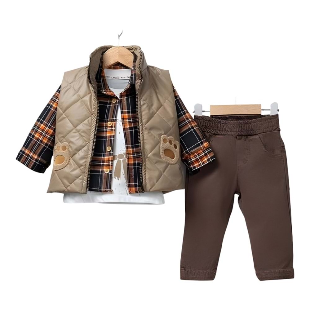 Canöz Bebe Şişme Yelekli Pati Nakışlı 3 Lü Erkek Takım 6-18 Aylık -5100819 - BEJ