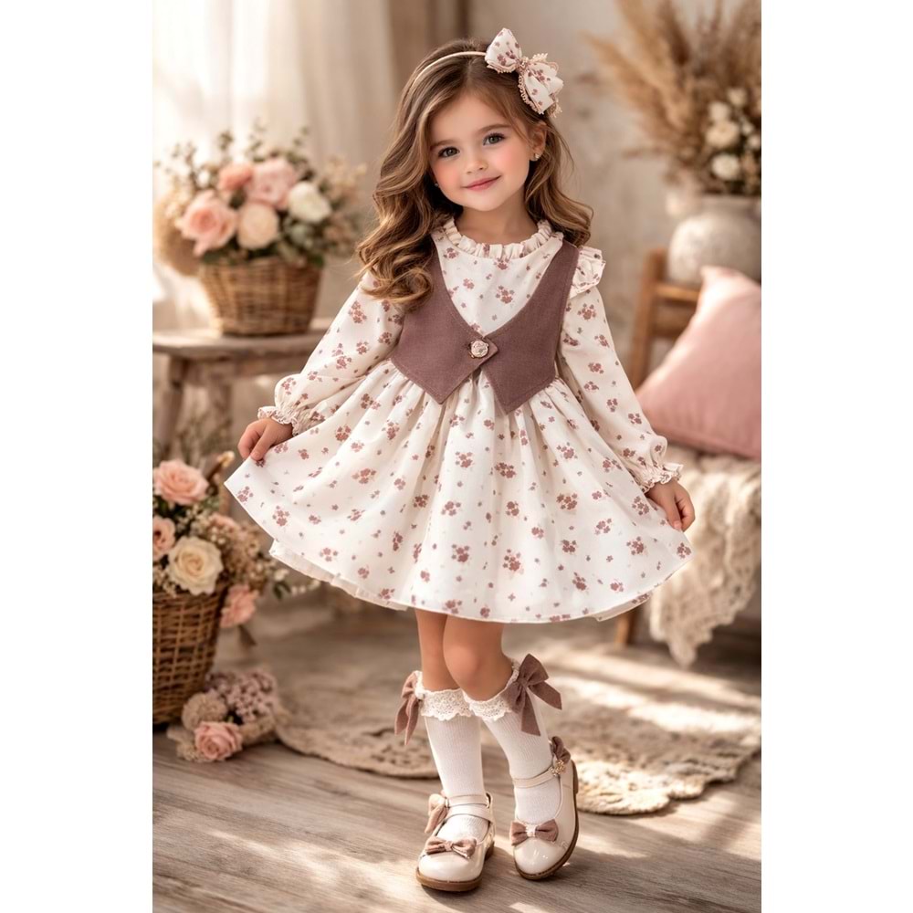 Canöz Bebe Yelekli Çiçek Detaylı Elbise 9-24 Aylık -3748245 - KAHVERENGİ