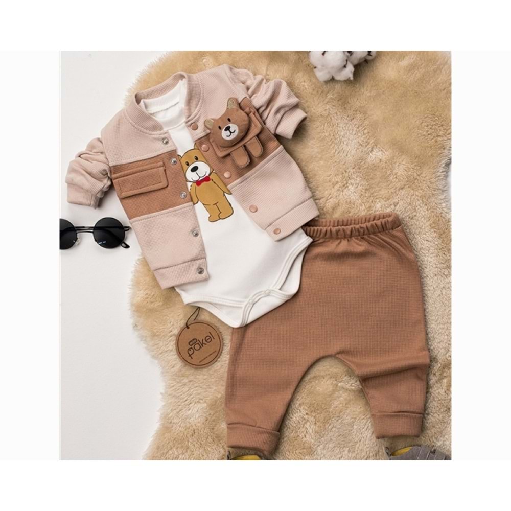 Mini Pakel Ayıcık Detaylı Erkek 3 Lü Takım 3-9 Aylık -1318265 - AÇIK KAHVE