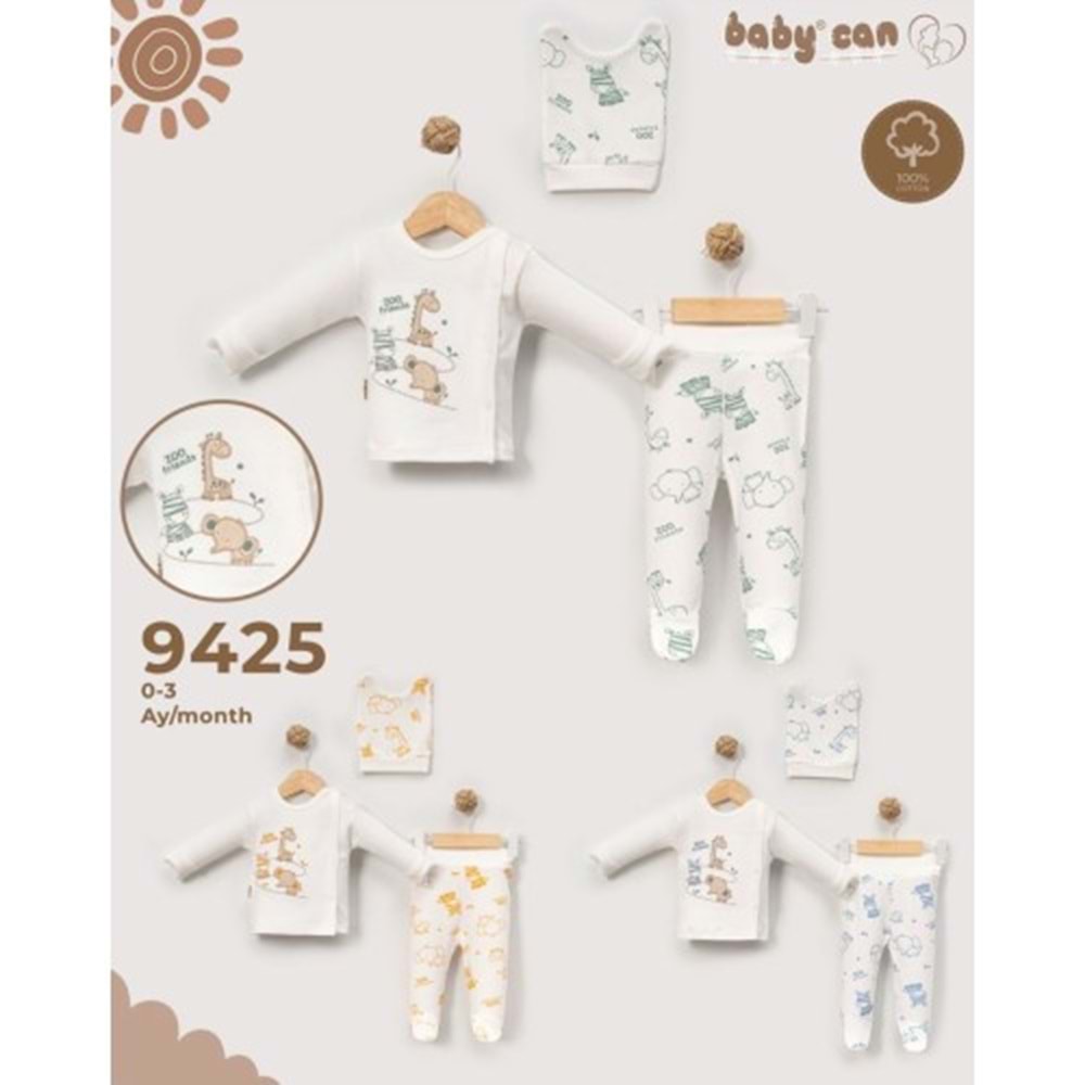 Babycan 9425 Erkek Zürafa Fil Desenli Üçlü Yenidoğan Takım - BEYAZ