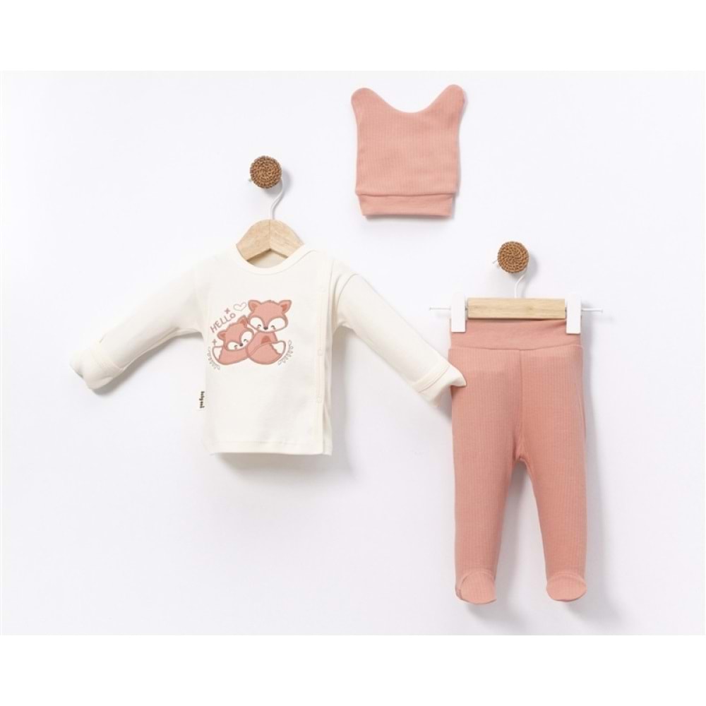 Babycan 9384 Kız Tilki Nakışlı Üçlü Yenidoğan Takım - GÜL KURUSU