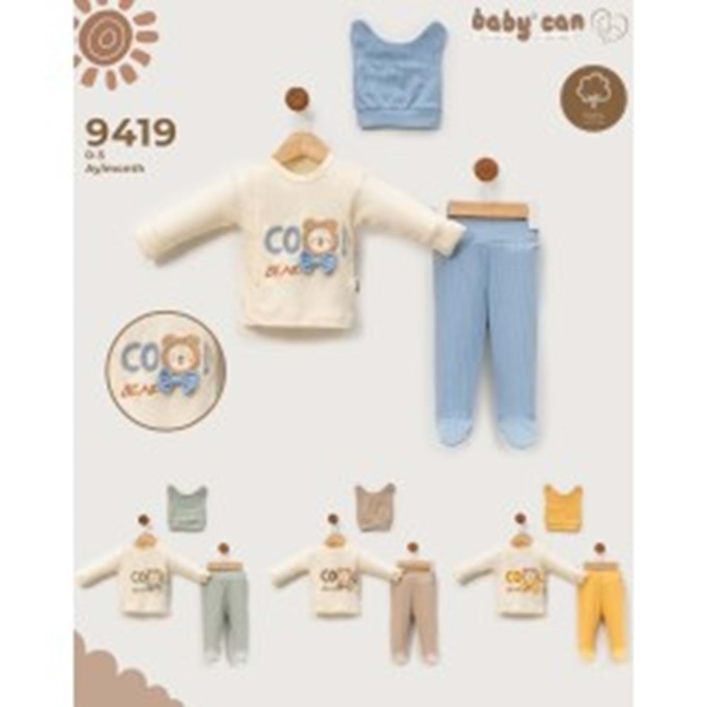 Babycan 9419 Erkek Cool Ayı Desenli Üçlü Yenidoğan Takım - SARI