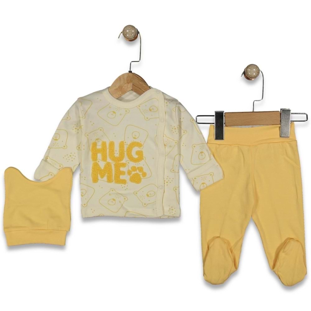 Babycan 9436 Erkek Hug Me Nakışlı Yenidoğan Üçlü Takım - SARI