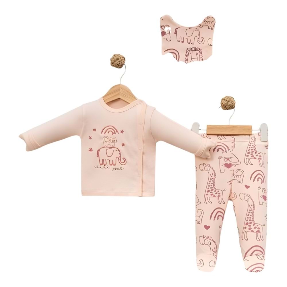 Babycan 9437 Kedi Fil Nakışlı Yenidoğan Üçlü Takım - PEMBE