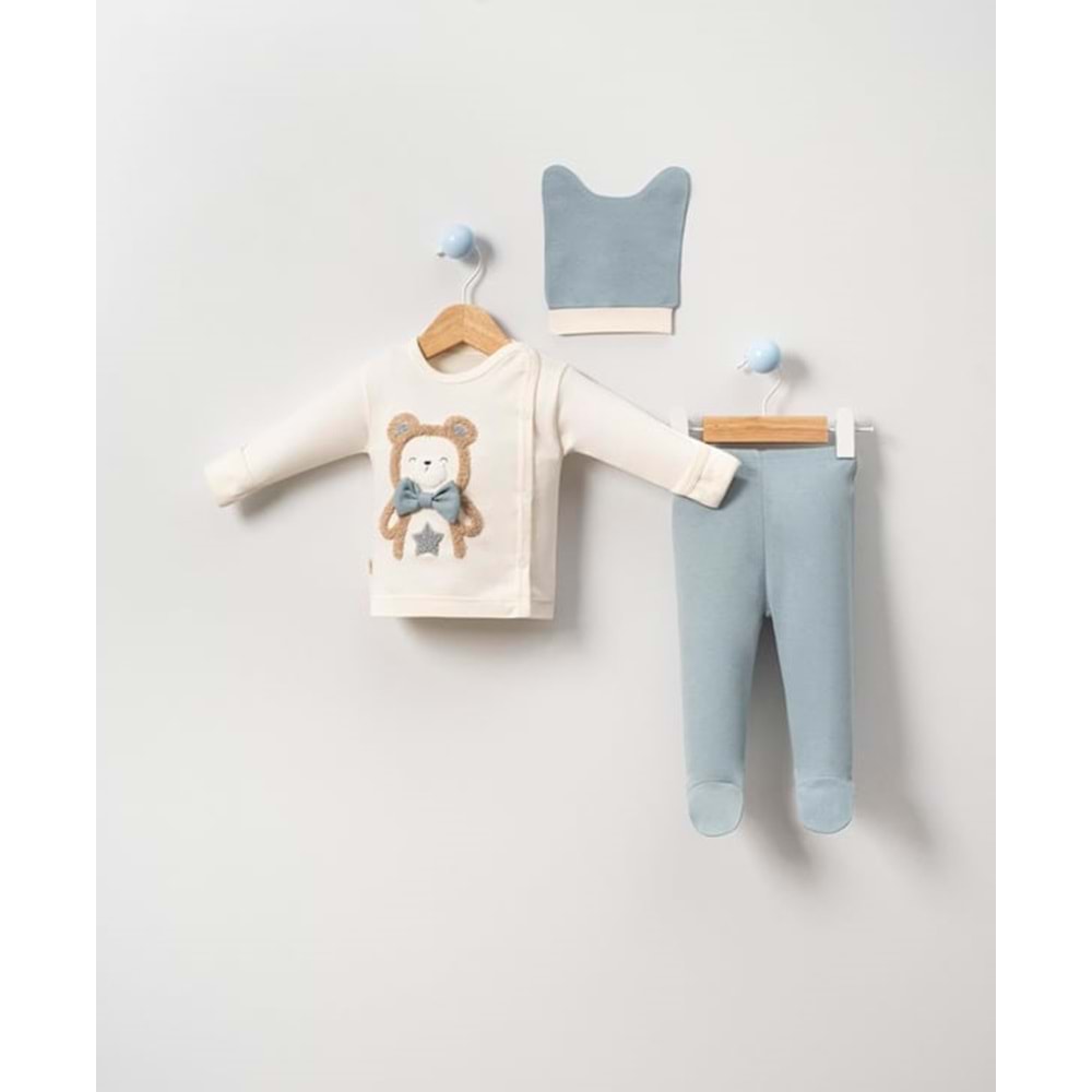 Babycan 9344 Erkek Ayıcık Nakışlı Yenidoğan Üçlü Takım - PETROL MAVİSİ