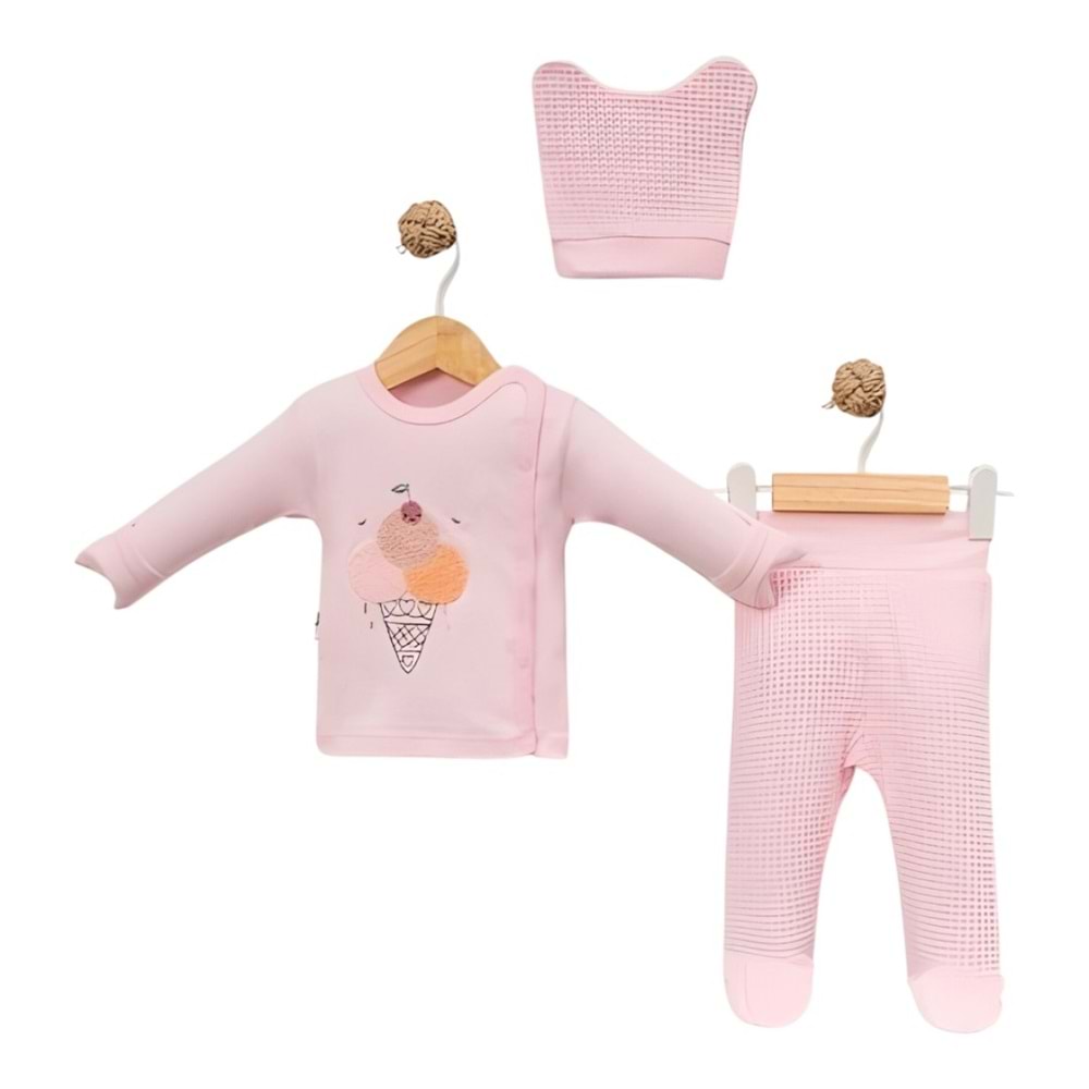 Babycan 9443 Kız Dondurma Nakışlı Yenidoğan Üçlü Takım - PEMBE