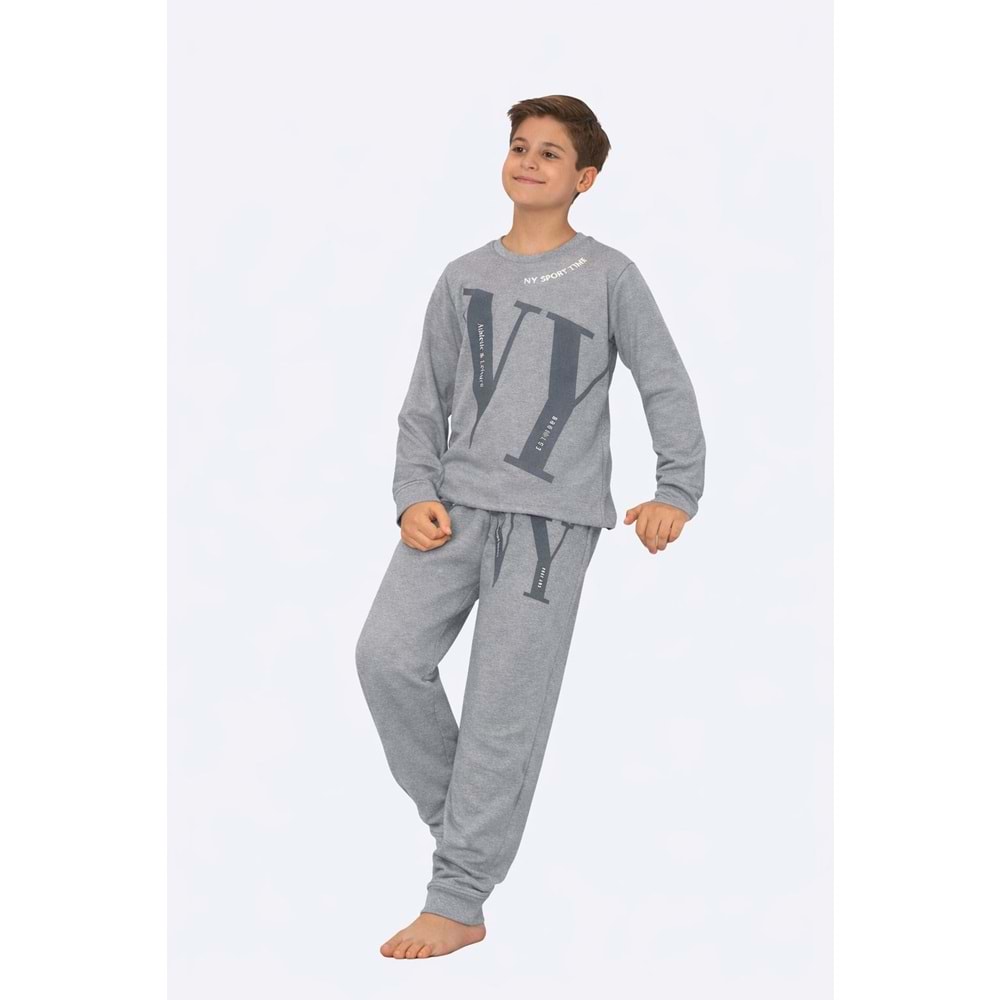 Tarık 11-16 Yaş Erkek Çocuk Pijama Takım NY Baskılı-4225310 - GRİ