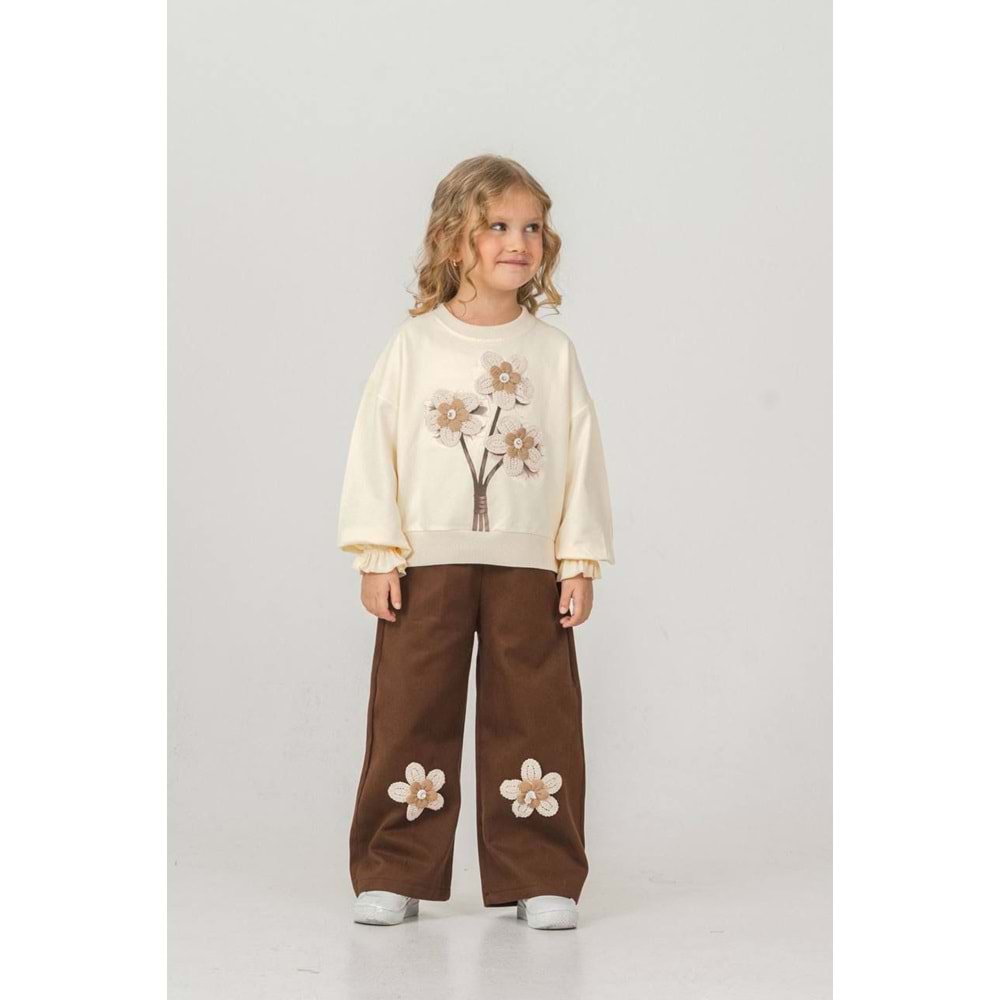 Harby Kids Çiçek Nakışlı Kız Pantolonlu İkili Takım 3-10 Yaş -103430 - BEJ