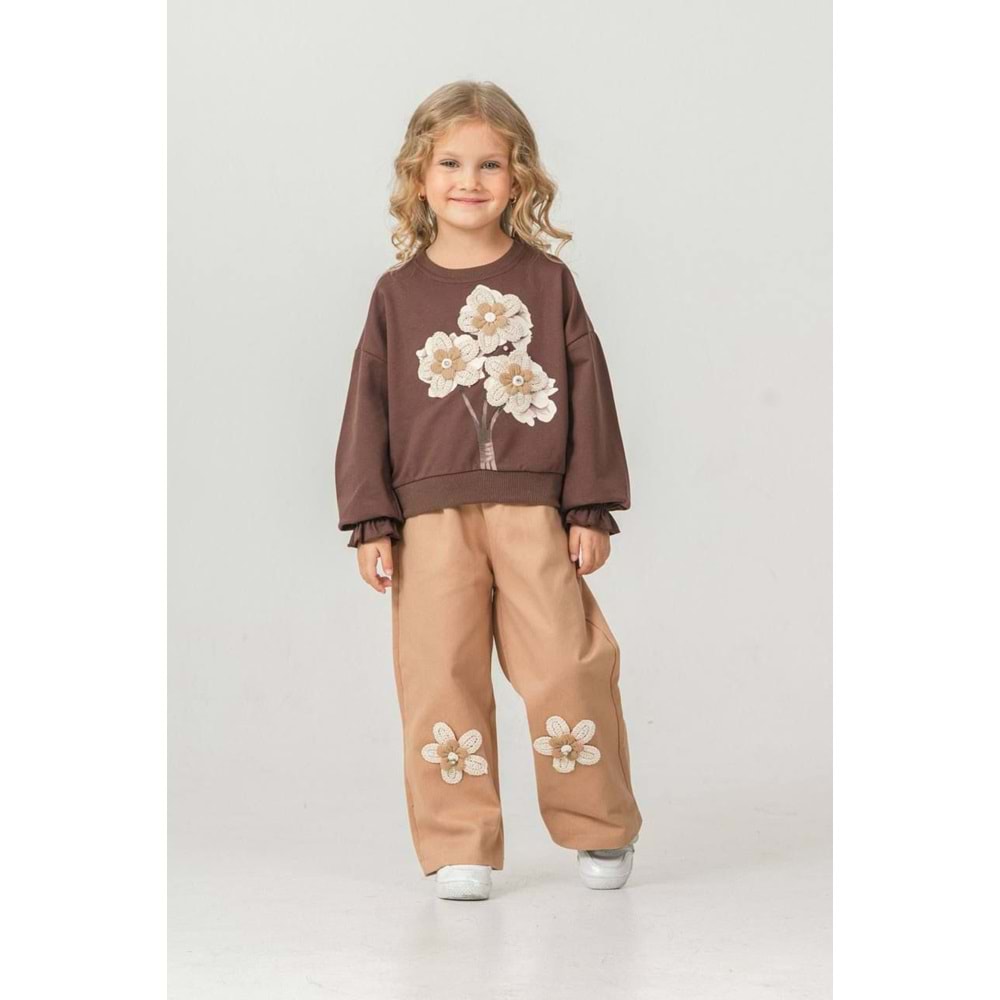 Harby Kids Çiçek Nakışlı Kız Pantolonlu İkili Takım 3-10 Yaş -103430 - KAHVERENGİ