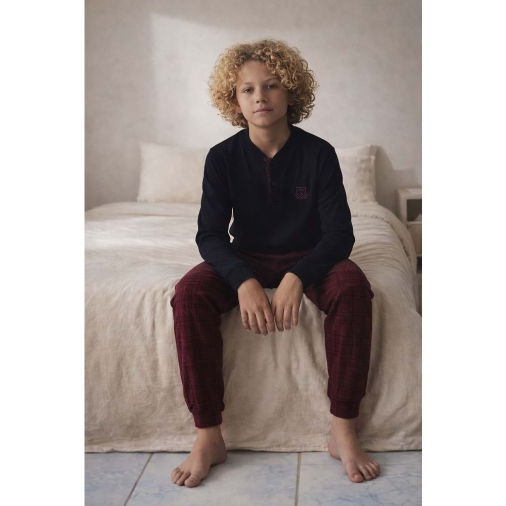 Tarık 11-16 Yaş Erkek Çocuk Pijama Takımı T Armalı -4335310 - BORDO