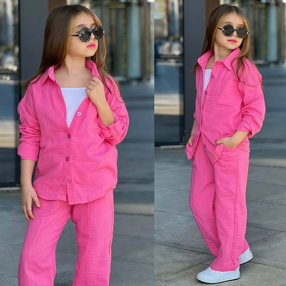 Müslin Gömlekli Atletli Kız 3 Lü Takım 5-14 Yaş -38005650 - PEMBE