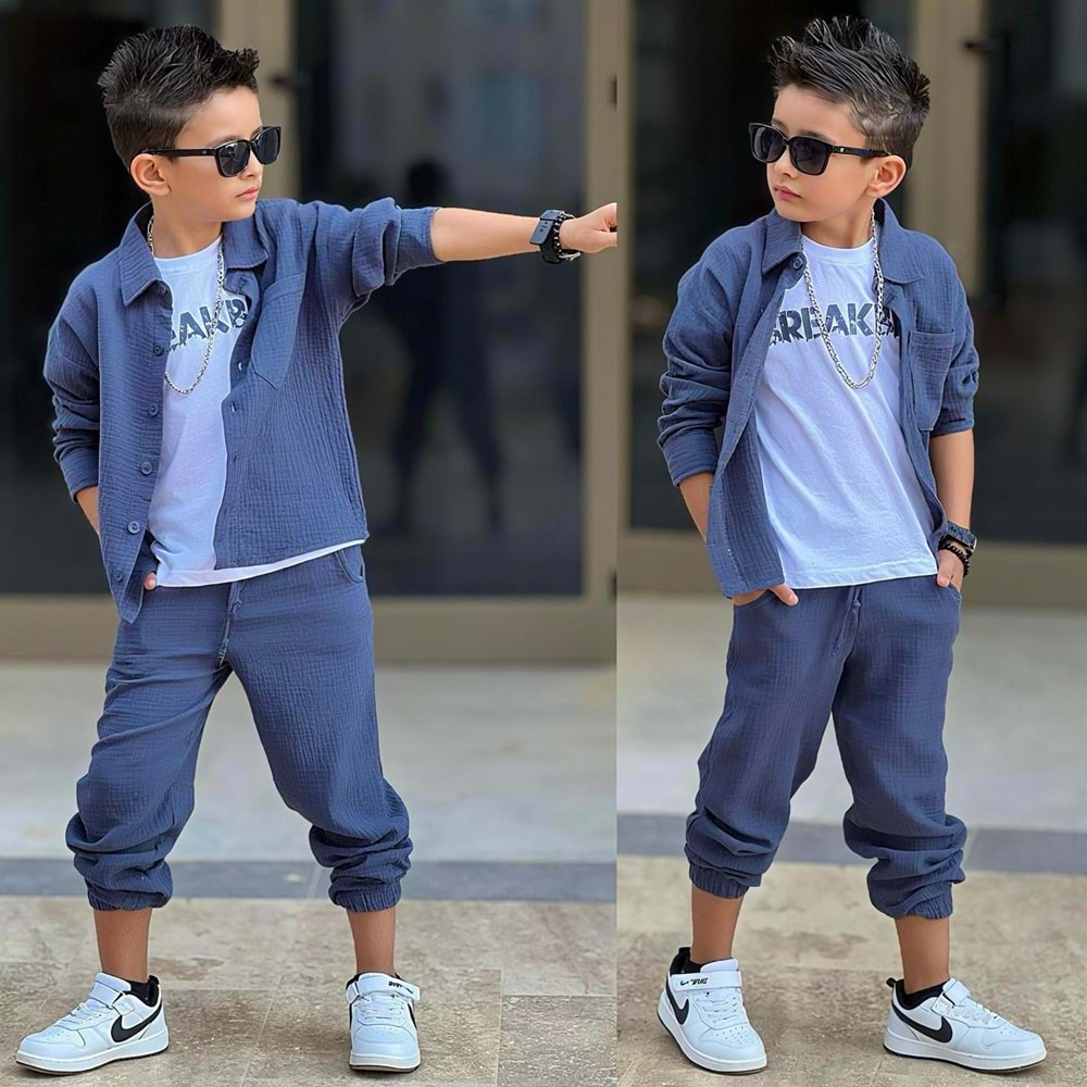 Müslin Gömlekli Badili Erkek 3 Lü Takım 5-14 Yaş -12001650 - GRİ