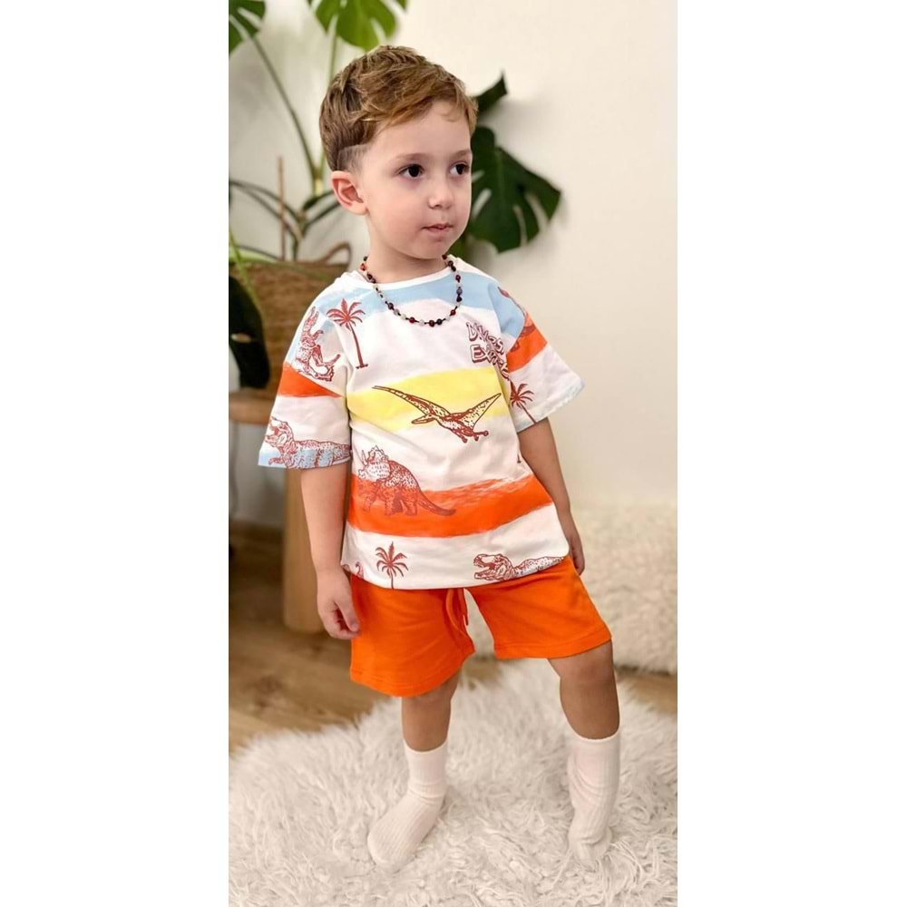 West Dinazor Basklı Penye Şortlu Erkek 2 Li Takım 2-8 Yaş -8113240 - TURUNCU