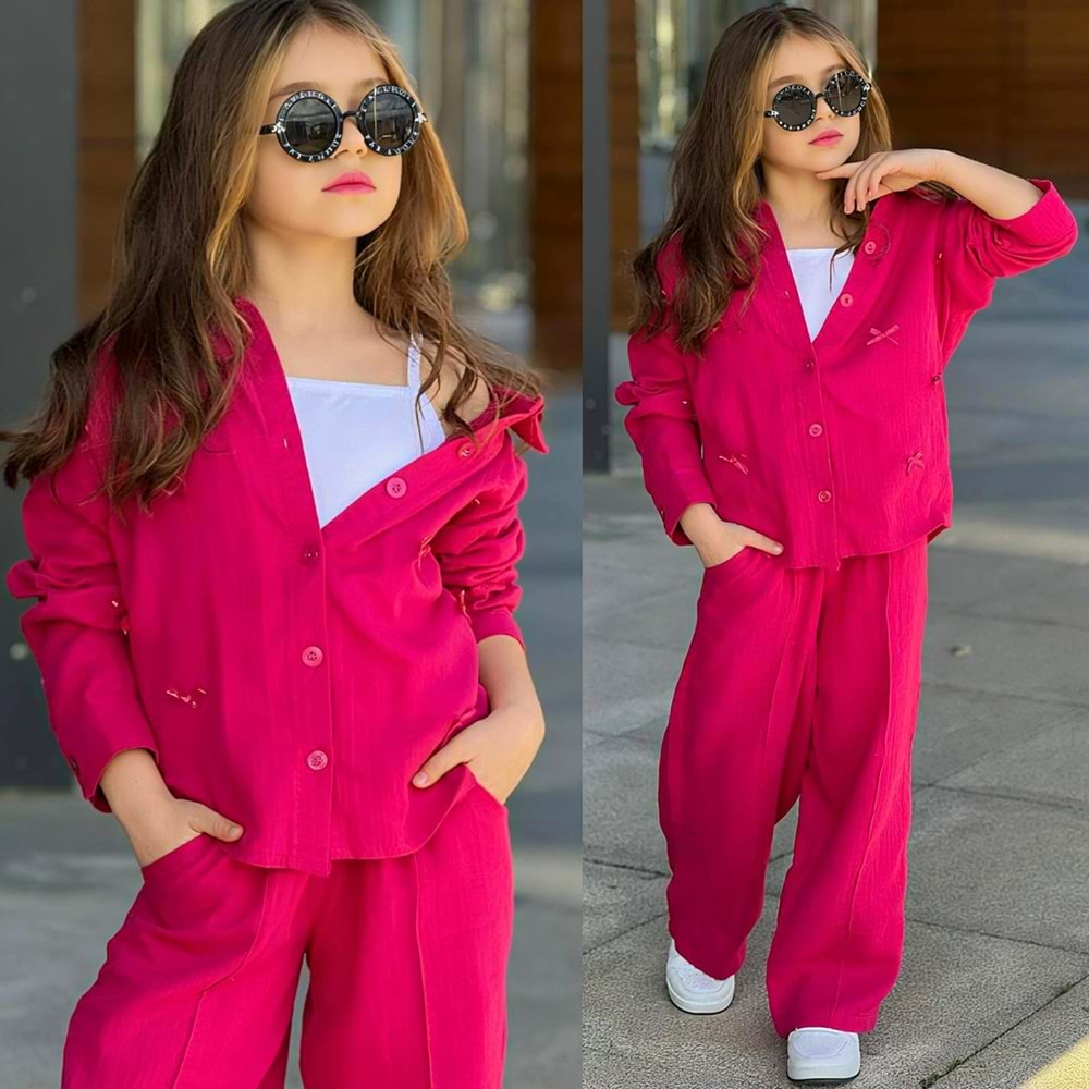 Müslin Gömlekli Atletli Fiyonk Desenli Kız 3 Lü Takım 5-14 Yaş -3805650 - KOYU PEMBE