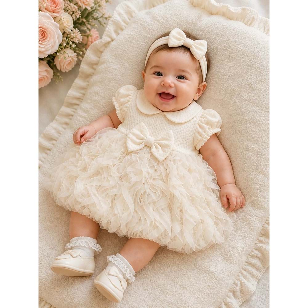 Serkon Bebe Yaka Fiyonklu Tüllü Elbise 6-36 Aylık -1003503 - KREM