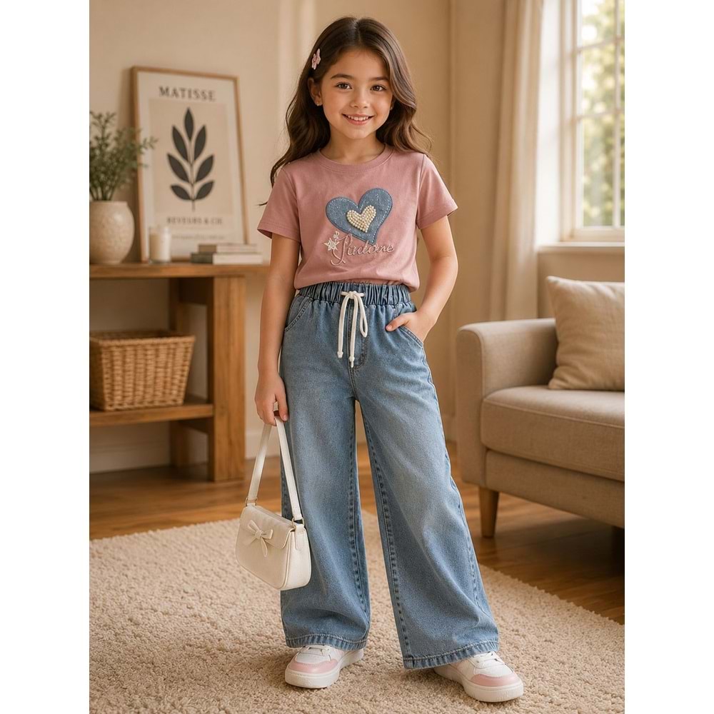 Trend Rose Kalp Detaylı Kot Pantolonlu Kız İkili Takım 6-13 Yaş -4020450 - GÜL KURUSU