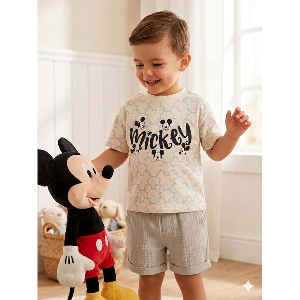 Mickey Baskılı Müslin Şortlu Erkek İkili Takım 2-5 Yaş -BA26201200 - AÇIK GRİ
