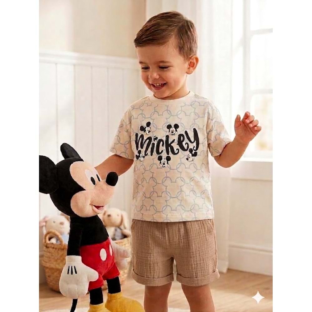 Mickey Baskılı Müslin Şortlu Erkek İkili Takım 2-5 Yaş -BA26201200 - AÇIK KAHVE