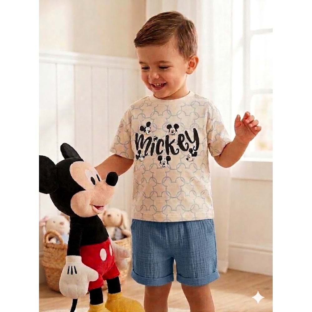 Mickey Baskılı Müslin Şortlu Erkek İkili Takım 2-5 Yaş -BA26201200 - MAVİ