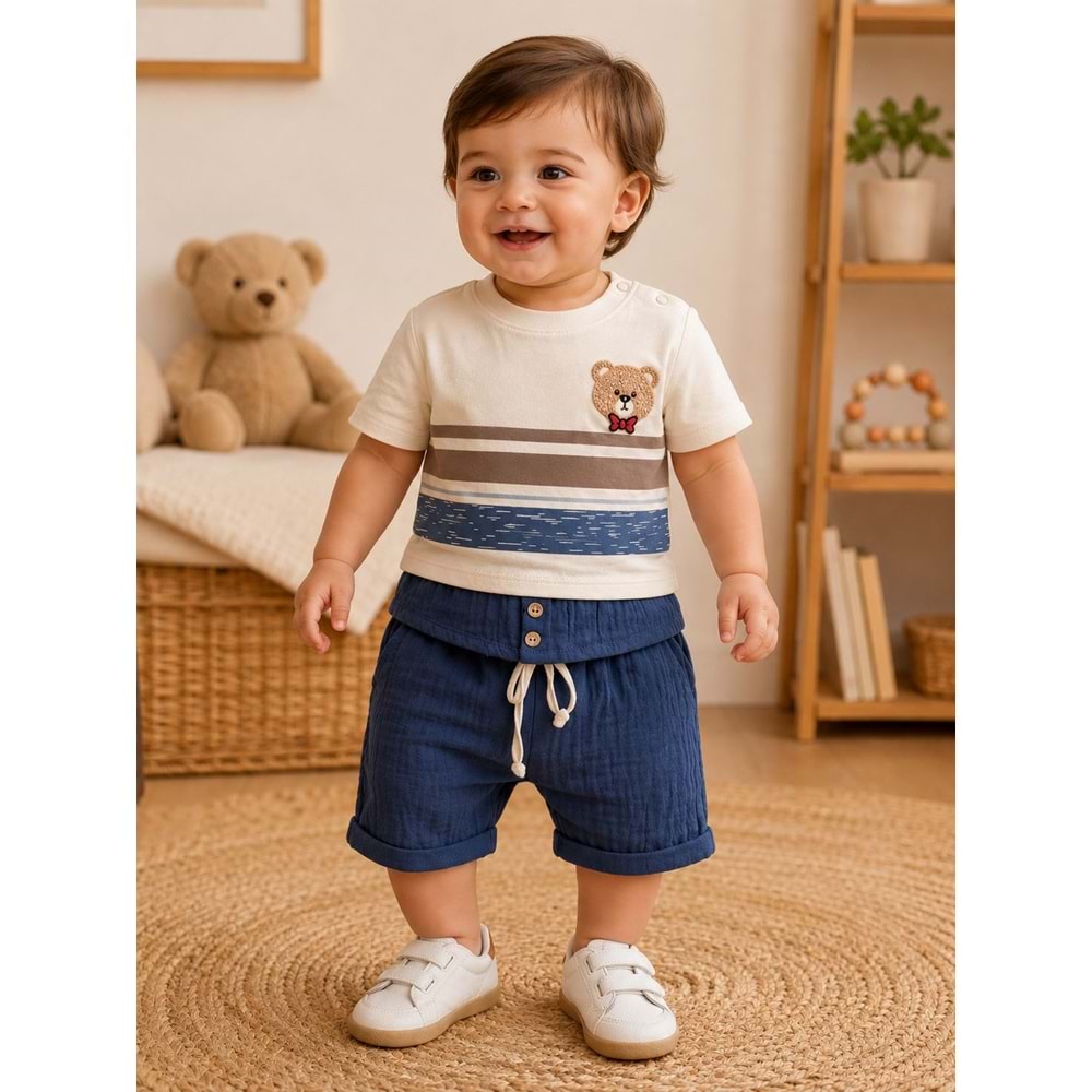 Wow Müslin Kumaş Şortlu Erkek İkili Takım 9-24 Aylık -BA10663164 - LACİVERT