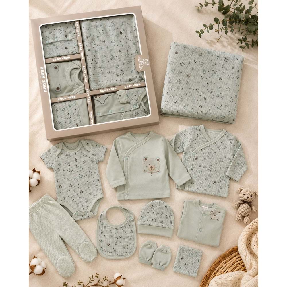Baby Zuhu Waffle Kumaş Panda Desenli Erkek 10 Lu Hastane Çıkışı 0-3 Aylık -BA3001713 - YEŞİL
