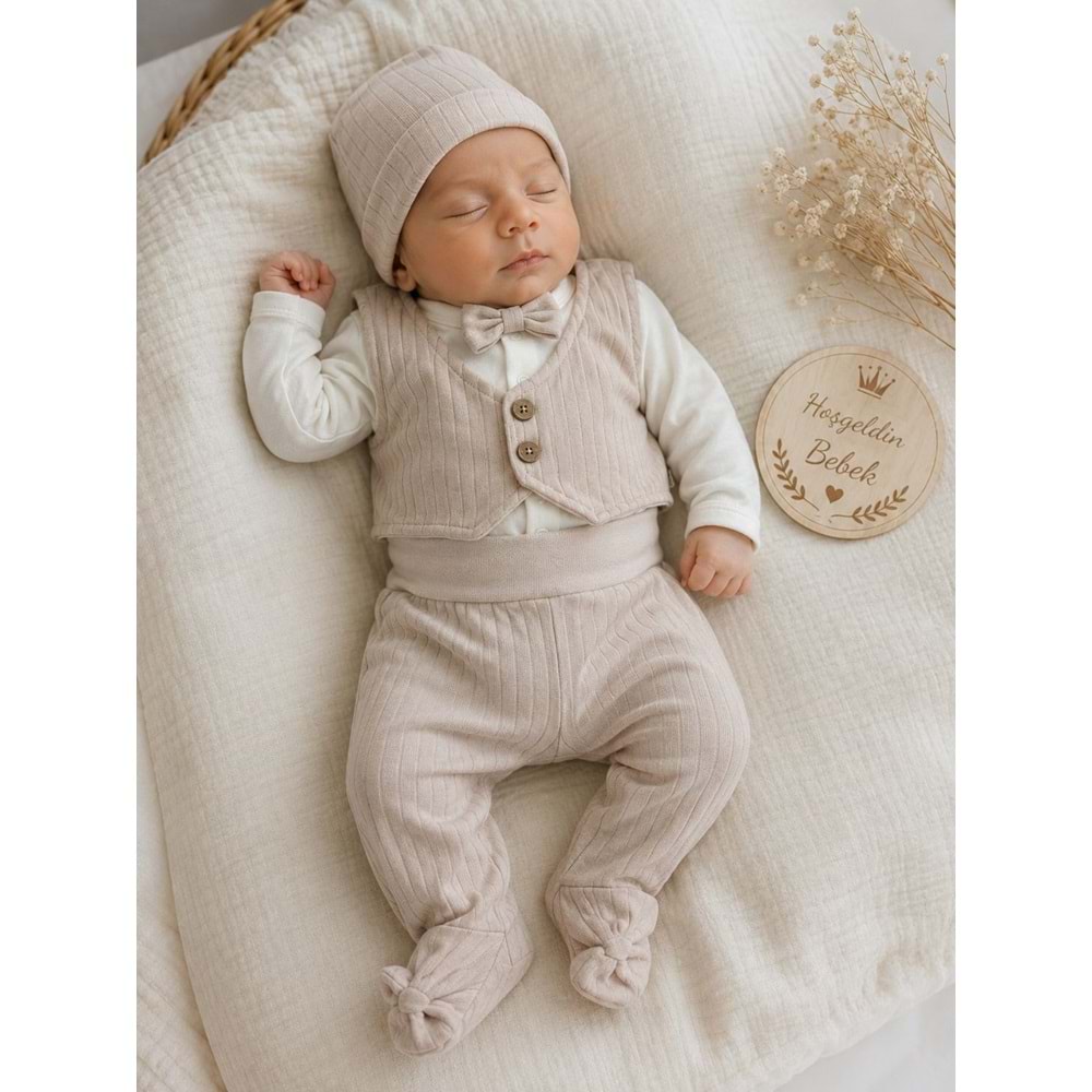 Babycan Yelekli Papyonlu Erkek Kendinden Eldivenli Yeni Doğan Takım 0-3 Aylık -DÜ9379196 - AÇIK KAHVE