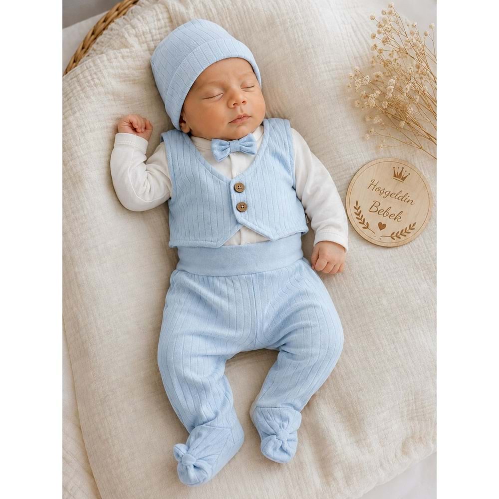 Babycan Yelekli Papyonlu Erkek Kendinden Eldivenli Yeni Doğan Takım 0-3 Aylık -DÜ9379196 - MAVİ