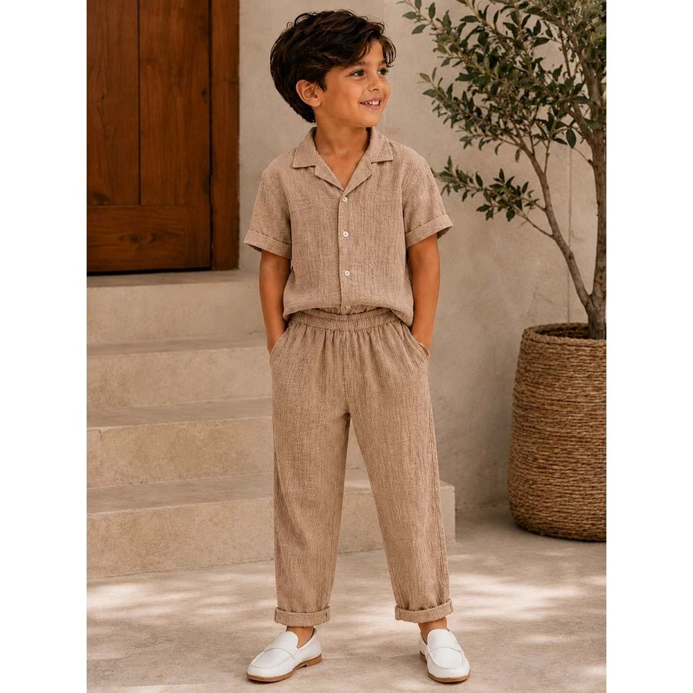 Nardanlı Müslim Kumaş Jogger Pantolonlu Takım 6-10 Yaş -NA6200480 - AÇIK KAHVE