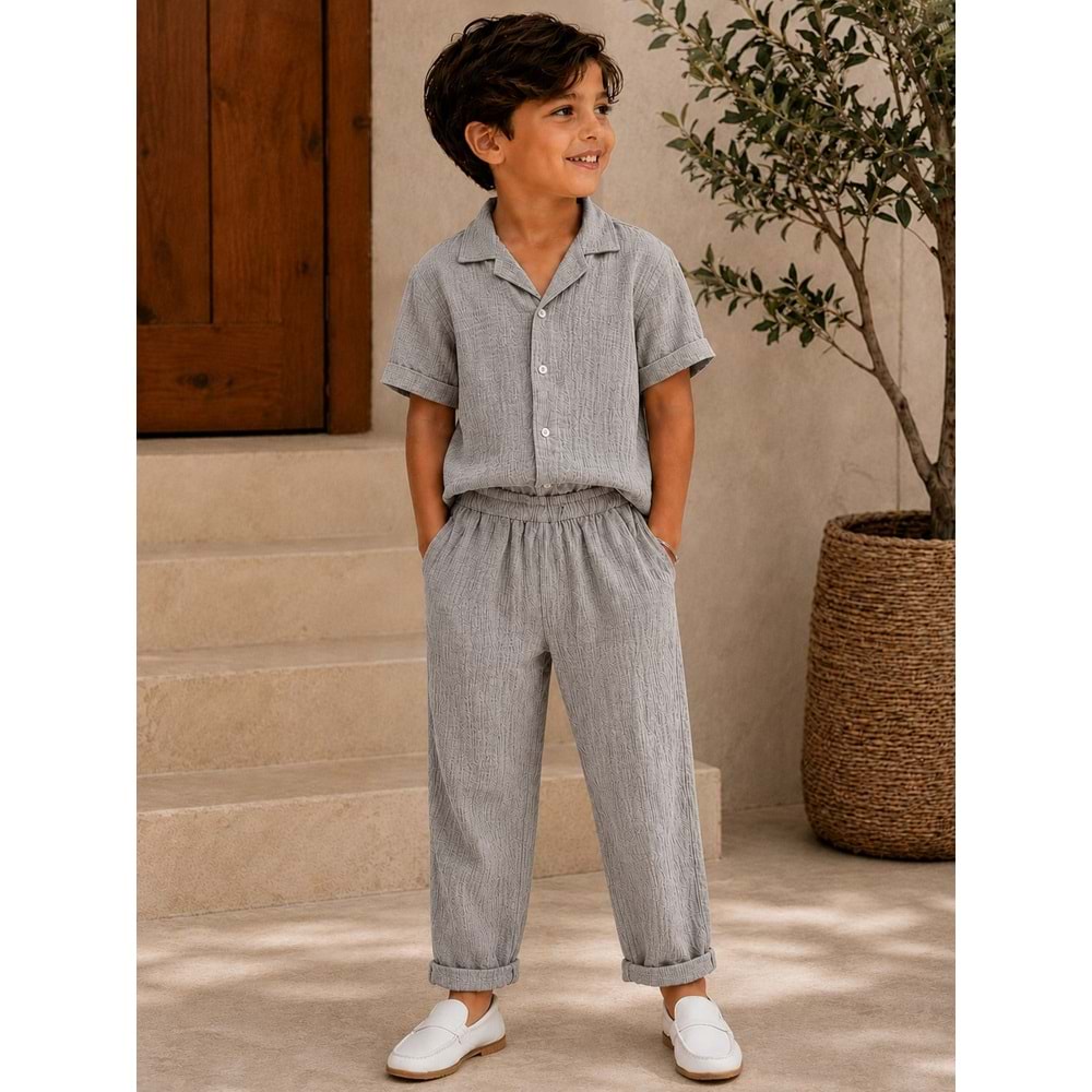 Nardanlı Müslim Kumaş Jogger Pantolonlu Takım 6-10 Yaş -NA6200480 - GRİ