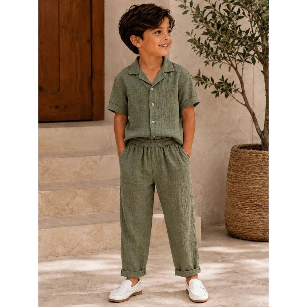Nardanlı Müslim Kumaş Jogger Pantolonlu Takım 6-10 Yaş -NA6200480 - HAKİ YEŞİL