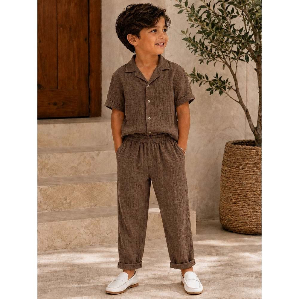 Nardanlı Müslim Kumaş Jogger Pantolonlu Takım 6-10 Yaş -NA6200480 - KAHVERENGİ