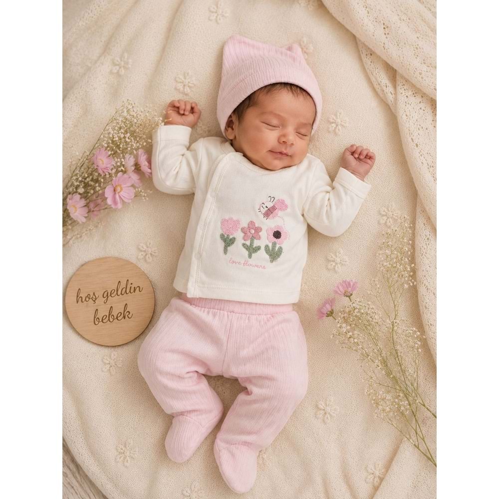 Baby Can Kız Lale Ve Arı Nakışlı Yeni doğan Takım 0-3 Aylık -DÜ9404171 - PEMBE