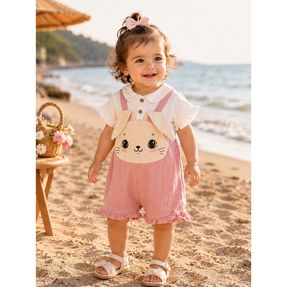 Bebinni Tavşan Desenli Müslin Kumaş Slopet Kız Takım 9-24 Aylık -AY9014228 - PEMBE
