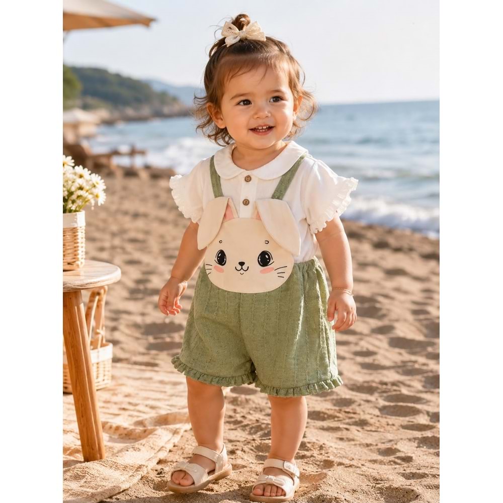 Bebinni Tavşan Desenli Müslin Kumaş Slopet Kız Takım 9-24 Aylık -AY9014228 - SU YEŞİLİ