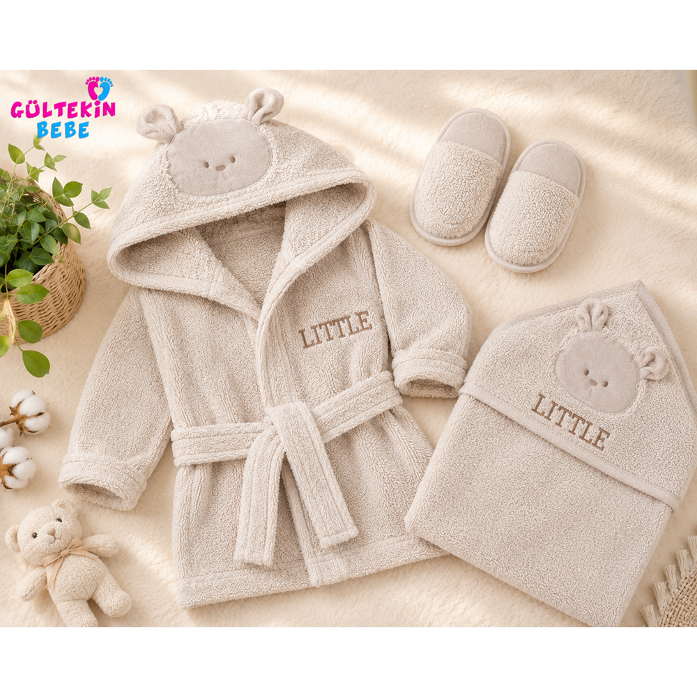 Bebessi Lıttle Bear Nakışlı Erkek Bebek Bornoz Seti -CA4183594 - MAVİ