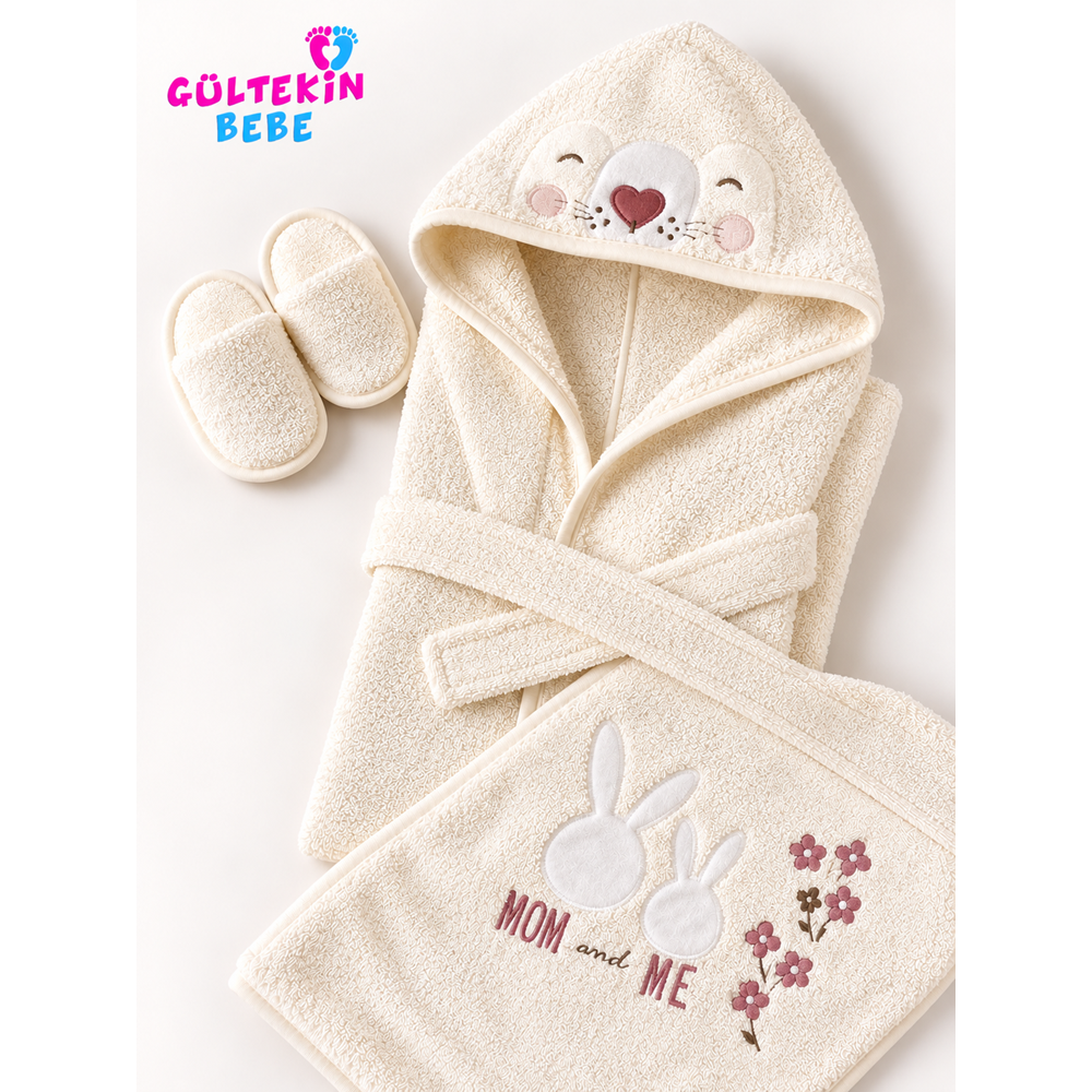 Bebessi Sweet Bunny Nakışlı Kız Bornoz Seti -CA4200610 - EKRU