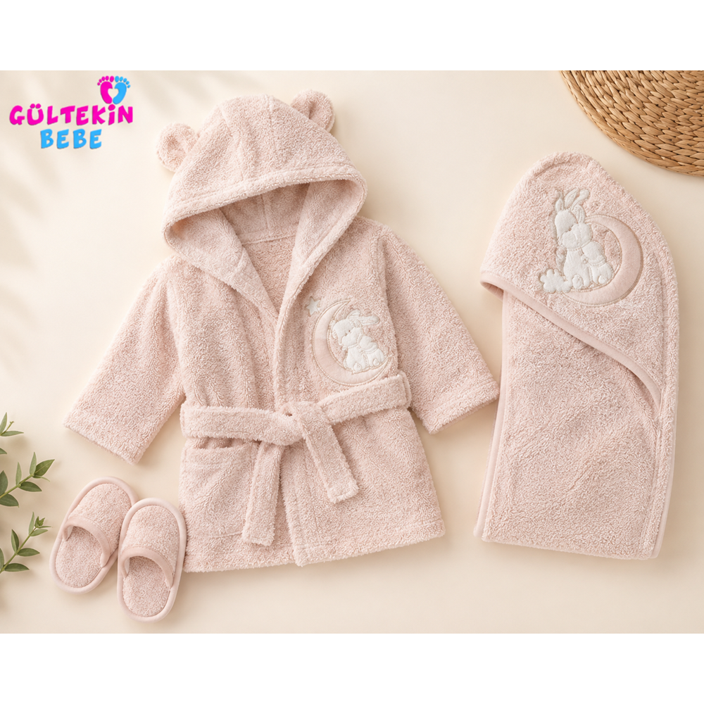 Bebessi Twın Rabbit Nakışlı Kız Bornoz Seti -CA4226594 - PEMBE