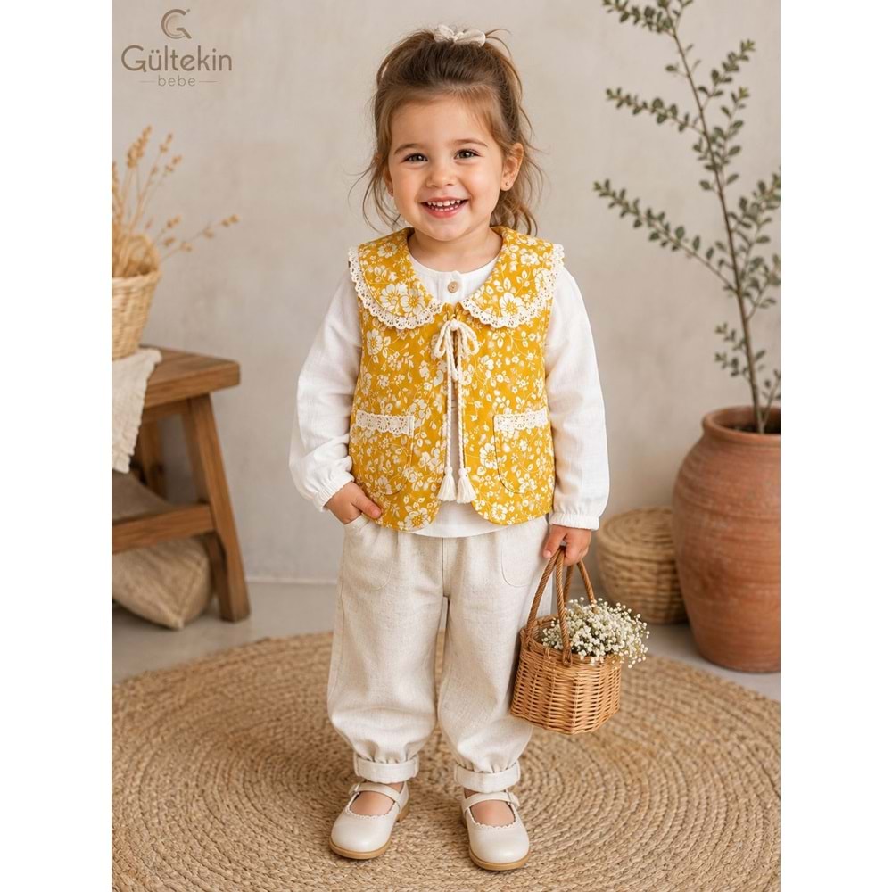 Hippıl Baby Müslin Gömlekli Kız Üçlü Takım 9-24 Aylık -BA5266592 - HARDAL