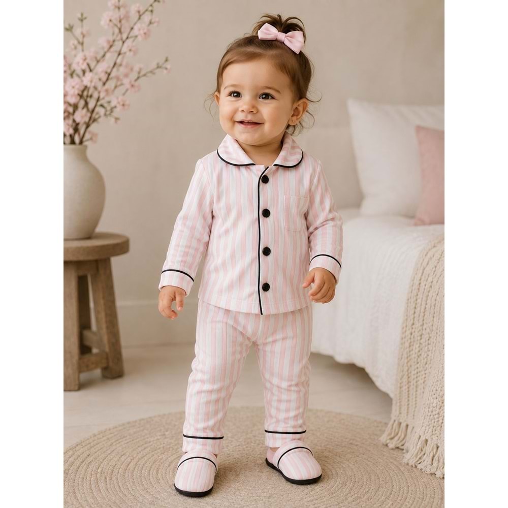 Poli Foni Baby Çizgili Terlikli Kız Ve Erkek Pijama Takımı 1-6 Yaş -BA4091248 - PEMBE