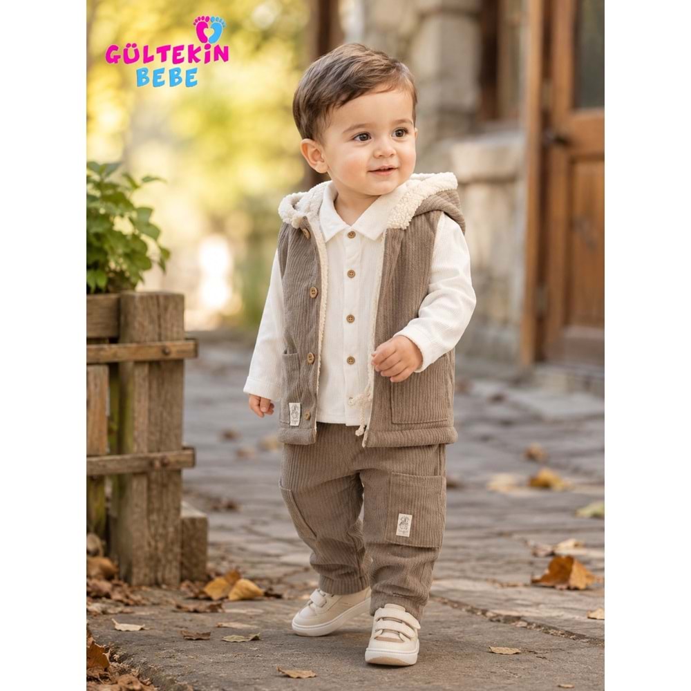 Hippıl Kadife Kumaş Yelekli Erkek Üçlü Takım 1-4 Yaş -BA9100863 - AÇIK KAHVE